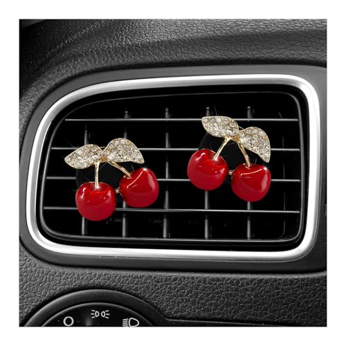 2PCS Cherry Car Air Vent Freshener Perfume Clip, Rhinestone Vehicle A/C Outlet Clips Bling Charm with Scented Pads, Sparkly Diamond Vent Clamp Cute Cherry Decoration for Women