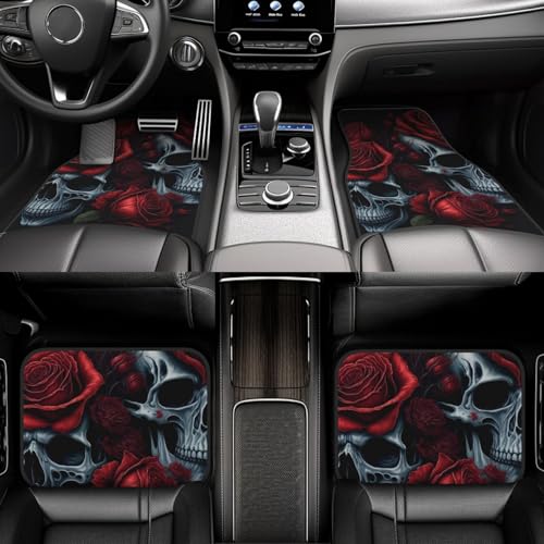 Red Roses Skull A Set of Four Printed Car Floor Mats, Including Front and Rear Carpet Floor Mats, Universal Car Floor Mats, and Truck Accessories