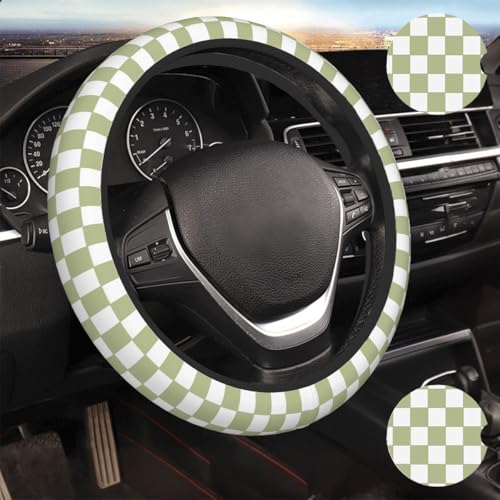 Green White Checkered Car Steering Wheel Cover - color: Green White Checkered Buffalo Plaid