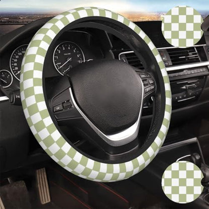Green White Checkered Car Steering Wheel Cover - color: Green White Checkered Buffalo Plaid