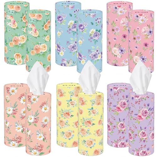 Outus 12 Pcs Spring Floral Car Tissues Cylinder Holder Flowers Round Tissue Box Cup Holder 3 Ply Facial Napkins Napkins Container for Car Home Office Dispenser Travel - style: Rose