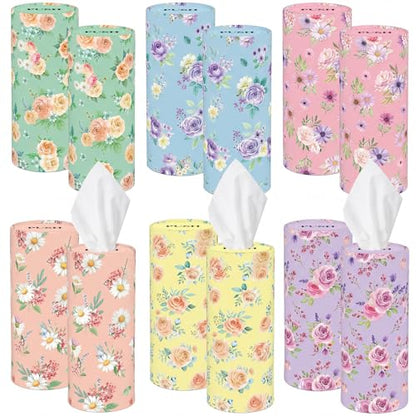 Outus 12 Pcs Spring Floral Car Tissues Cylinder Holder Flowers Round Tissue Box Cup Holder 3 Ply Facial Napkins Napkins Container for Car Home Office Dispenser Travel - style: Rose