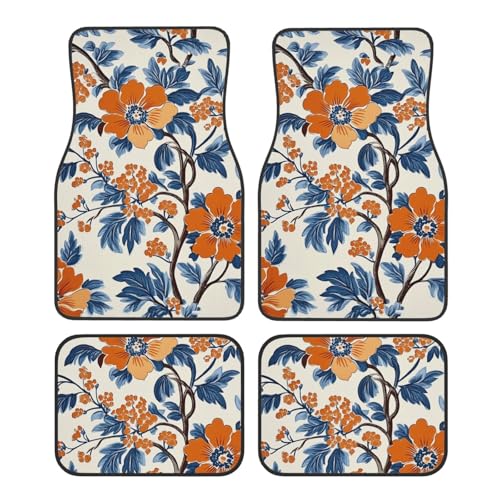 OSAM SPACE Orange Flowers Blue Branch Car Floor Mats Set of 4 All Weather Trunk Mat Anti-Slip Automotive Carpet Decor Rugs Universal Car Accessories - color: Orange Flowers Blue Branch