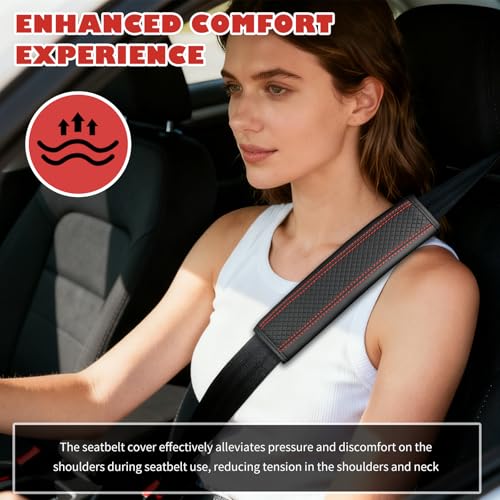 2PCS Leather Car Seat Belt Cover Pad,Stylish Seatbelt Covers with Diamond-Patterned Designs,Comfortable & Breathable Car Seat Strap Pads for Neck & Shoulder Pain Relief (Black Red/2PCS) - color: Black Red/2PCS
