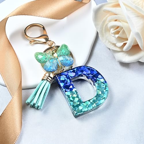 JINGUAZI Initial letter Keychains for Women Tassel Butterfly Pink Purple Cute Car Keychain for Wallet Backpack bag charm - color: D-blue Green
