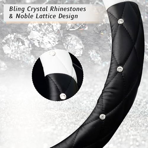 Diamond Soft Leather Steering Wheel Cover with Bling Bling Crystal Rhinestones, Universal 15 inch, Black White - color: Black and White, size: Medium(Standard) Size[14.5"-15"]