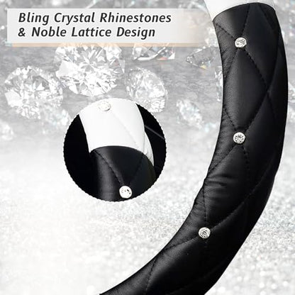 Diamond Soft Leather Steering Wheel Cover with Bling Bling Crystal Rhinestones, Universal 15 inch, Black White - color: Black and White, size: Medium(Standard) Size[14.5"-15"]