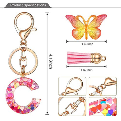 JINGUAZI Initial letter Keychains for Women Tassel Butterfly Pink Purple Cute Car Keychain for Wallet Backpack bag charm - color: C-pink