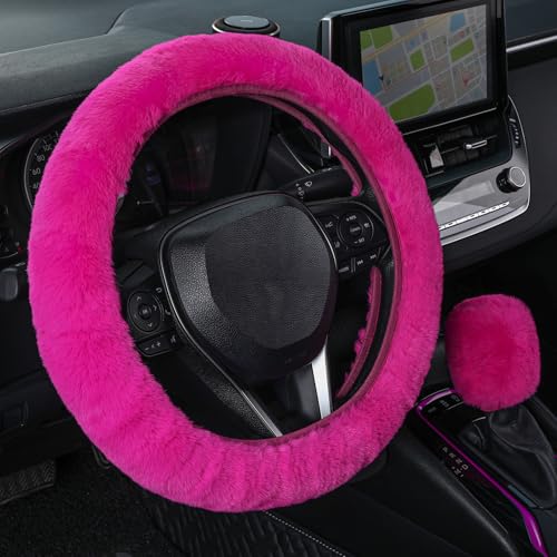 SEG Direct Furry Car Steering Wheel Cover with Gear Shift Cover, Soft and Warm, Cute Fluffy Auto Decor for Women Men, Standard Size, 2 PCS Set, Magenta - color: Magenta