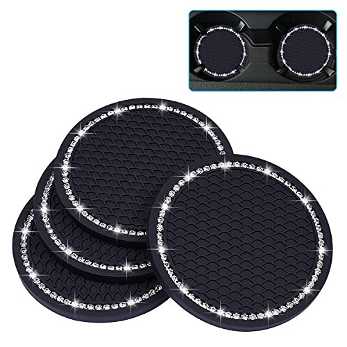Bling Car Coasters, Wisdompro 4 Pack PVC Car Cup Holder Insert Coaster - Anti Slip Universal Vehicle Interior Accessories Crystal Glitter Cup Mats for Women and Men(2.75" Diameter, Black) - color: Black