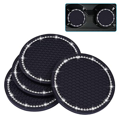 Bling Car Coasters, Wisdompro 4 Pack PVC Car Cup Holder Insert Coaster - Anti Slip Universal Vehicle Interior Accessories Crystal Glitter Cup Mats for Women and Men(2.75" Diameter, Black) - color: Black