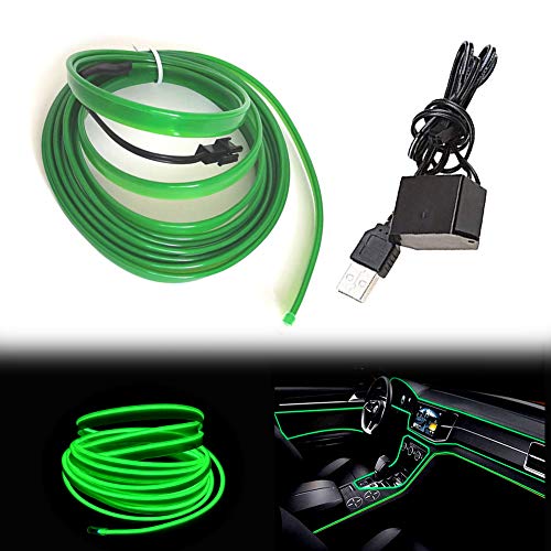 El Wire Green Interior Car LED Strip Lights, 3M Neon Wire USB 5V with Fuse Protection for Automotive Interior Decoration, with 6mm Sewing Edge - color: Green, size: 3 M
