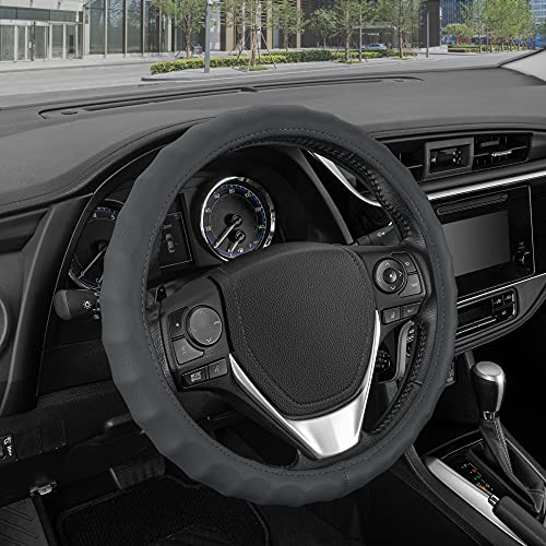 BDK Genuine Gray Leather Steering Wheel Cover for Car, Medium (14.5" - 15.5") – Ergonomic Comfort Grip for Men & Women, Universal Fit Car Steering Wheel Cover for Most Vehicles - color: #16 Gray, size: Fits 14.5 - 15" SW