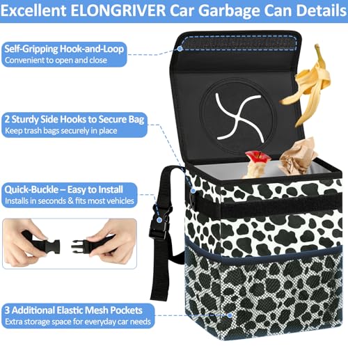 ELONGRIVER Car Trash Can Bin for Back Seat Leak Proof, Cute Car Trash Bag Hanging, Vehicle Trash Can for SUV Truck Van, Automotive Garbage Cans Front Seat Cow Print - color: Cow Print, size: 3 Gallons