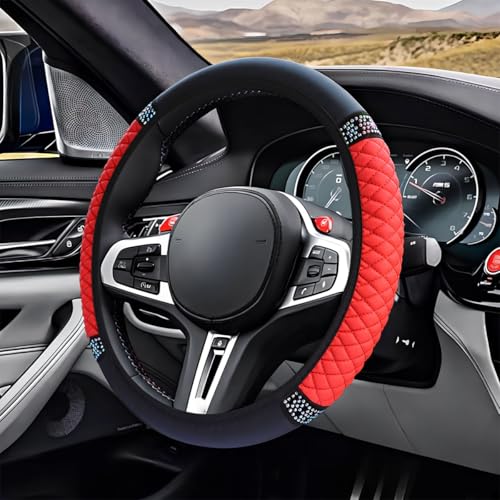 Bling Soft Leather Steering Wheel Cover, 15" Anti-Slip Sparkly Crystal Auto Elastic Steering Wheel Protector for Women Girl, Colorful Diamond Car Interior Accessory for Most Cars (Red) - color: Red