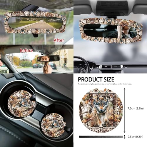 Wanyint Car Seat Cover Full Set 14 PCS, with Steering Wheel Seat Belt Pad Garbage Bin Armrest Pad Rearview Mirror Handbrake Cover Set Coaster Auto Decor, Aztec Wolf Camo Hunting Forest - color: Aztec Wolf Camo Hunting Forest