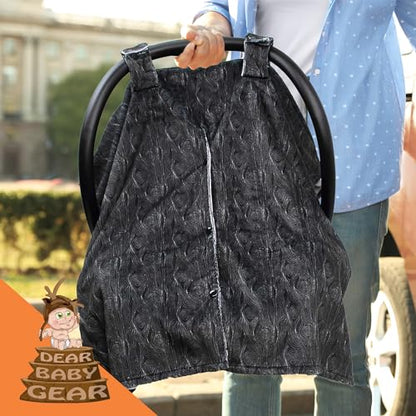 Dear Baby Gear - Infant Carseat Canopy and Winter Covers - Cozy Baby Car Seat Cover for Girls and Boys - Stroller Cover - Mountains Moose & Bear - Faux Quilt/Woodgrain 40" x 30" - color: Moose & Bear Faux Quilt/Black Woodgrain