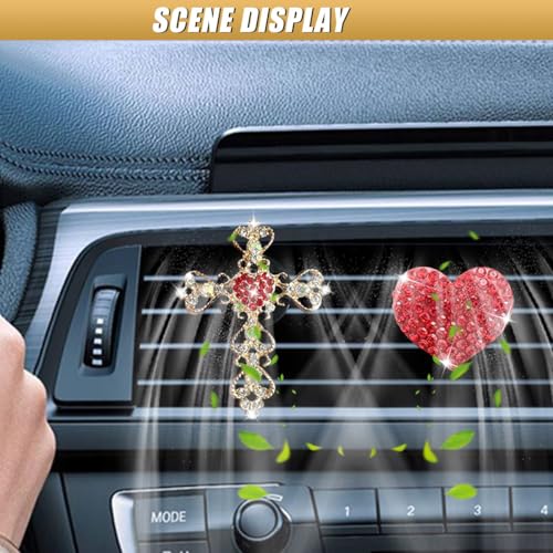 2PCS Bling Cross & Heart Car Dashboard Air Vent Trim Clip, Sparkly Rhinestone Car Air Vent Clips, Diamond Auto Diffuser Charm Clip, Auto Interior Decoration Accessory for Women Girls (Red) - size: Red