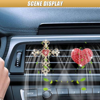 2PCS Bling Cross & Heart Car Dashboard Air Vent Trim Clip, Sparkly Rhinestone Car Air Vent Clips, Diamond Auto Diffuser Charm Clip, Auto Interior Decoration Accessory for Women Girls (Red) - size: Red