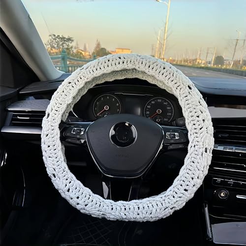 Crochet Steering Wheel Cover, Sunflower Steering Wheel Cover, 14-15 inch, Universal fit, Boho Car Accessories, for Men, Women and Girly, White (A Wheel Cover) - color: A wheel cover