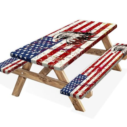 American Flag Picnic Table Cover with Bench Covers Waterproof Windproof Elastic Fitted Outdoor Camping RV Tablecloths with Drawstring Bag Reusable Rectangle Tables and Seats Cover 30X72IN 30X72IN - color: Red, size: 30" x 72" (Rectangular)