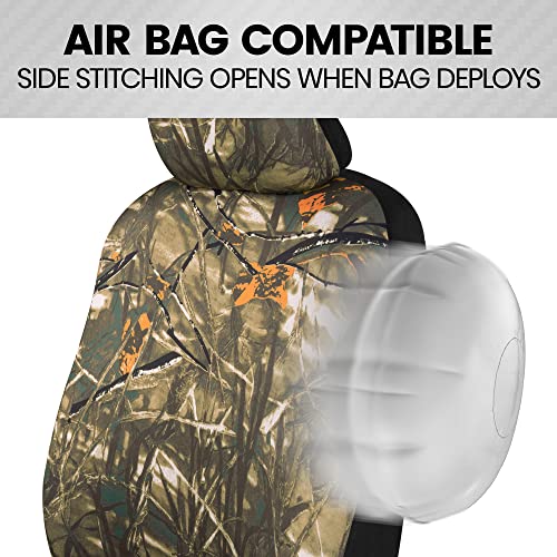 BDK Hunter Camo Car Seat Covers Full Set with Camo Steering Wheel Cover and Seat Belt Cover Pad – Forest Camouflage Pattern, Automotive Front Seat & Bench Back Seat Cover for Cars Trucks SUV - color: Hunter Camo