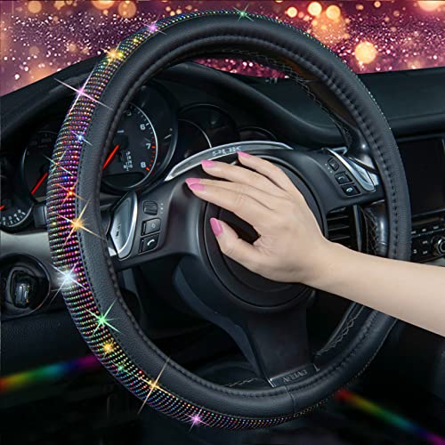 CAR PASS Diamond Leather Steering Wheel Cover, with Bling Crystal Rhinestones Fit Suvs,Vans,Sedans,Cars,Trucks Universal Fit 14.5-15inch Crystal Glitter for Women Sparkle Girl, Multicolor Diamond - color: Colorful Diamond