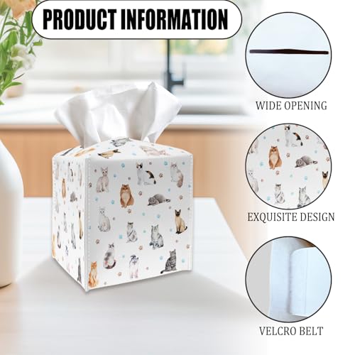 Tissue Box Cover Holder Square - Cute Cats and Paw PU Leather Tissue Box Cover with Bottom Belt, Facial Paper Organizer for Tabletop, Bathroom, Kitchen, Car & Office -040 - color: Cute Cats