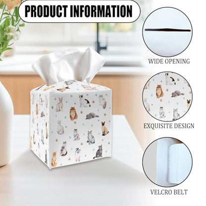 Tissue Box Cover Holder Square - Cute Cats and Paw PU Leather Tissue Box Cover with Bottom Belt, Facial Paper Organizer for Tabletop, Bathroom, Kitchen, Car & Office -040 - color: Cute Cats