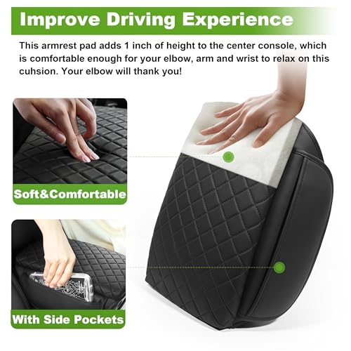 Armrest Cover for Toyota Tacoma Center Console Pad with Organizer Storage Pockets, Black Faux Leather Arm Rest Lid Protector Cushion Interior Accessories (2016-2023)