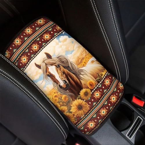 UNICEU Car Center Console Armrest Cushion Pad, Sunflower Horse Navajo Geometric Print Auto Interior Accessories Neoprene Soft Armrest Protector Pad Anti Slip Cover - color: Sunflower Horse Aztec Geometric