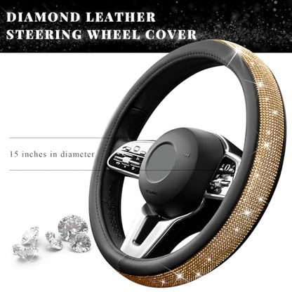 Diamond Leather Steering Wheel Cover, 15 Inch Bling Crystal Rhinestone Anti-Slip Wheel Protector, Universal Sparkling Elegant Diamond Steering Wheels Cover for Women Girl (Golden) - color: Golden