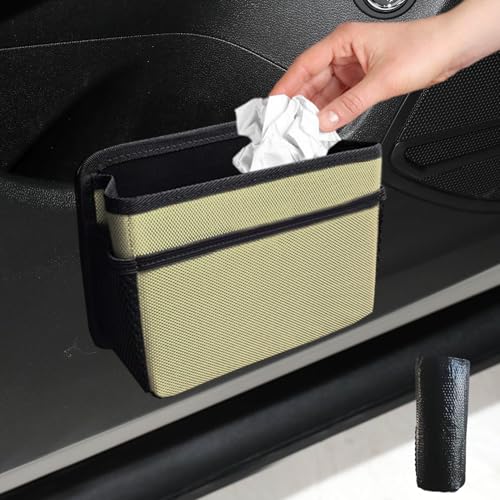 Car Trash Can, Car Organizer, Foldable Mini Vehicle Trash Bin Garbage Organizer Holder, Car Interior Accessories Oxford Cloth Foldable Car Trash Bin Hanging Universal for Most Cars - color: Beige