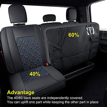LUCKYMAN CLUB F150 Full-Set Seat Covers J03-Q3 with Waterproof Faux Leather, Fit 2015-2025 Ford F150 and 2017-2025 F250 F350 F450 (Full Set, Black-Blue) - color: Black&Blue, size: Full Set