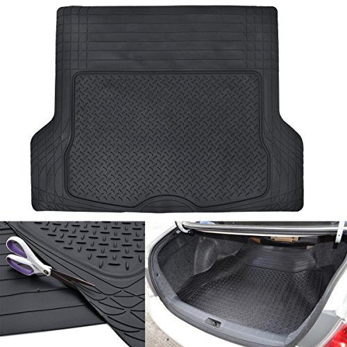 BDK OF-713 Diamond Grid Rubber Car Floor Mats, Universal Front & Rear Combo Set with Trunk Cargo Mat Liner for Car Sedan SUV Van, Heavy Duty All Weather Trim to Fit