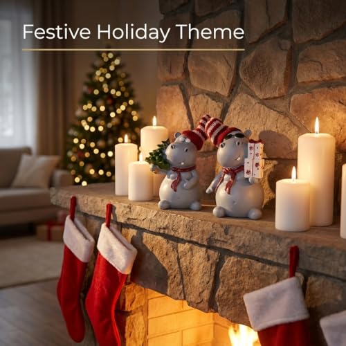 2-Piece Funny Christmas Hippo Ornaments Hippopotamus Gifts Resin Hippo Figurines for Indoor Tabletop Christmas Decorations Holiday Home Decor, Ideal Xmas Gift for Family & Friends