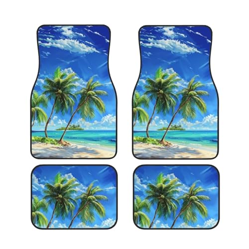 Palm Tree On Beach Floor Mats All-Weather Car Floor Mats with Rubber Backed Green Leaf Blue Sky Pattern Auto Floor Liners Full Set of 4 for Front & Row Rear - color: Palm Tree Pattern
