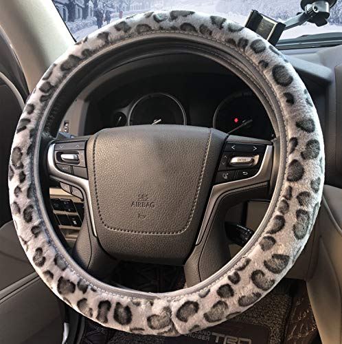 ZHOL Leopard Print Steering Wheel Cover, Universal 15 Inch Elastic Plush Softy Steering Wheel Cover for Women Girls, Winter Warm, Anti-Slip, Gray - color: Cheetah Gray