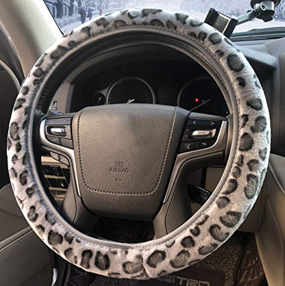 ZHOL Leopard Print Steering Wheel Cover, Universal 15 Inch Elastic Plush Softy Steering Wheel Cover for Women Girls, Winter Warm, Anti-Slip, Gray - color: Cheetah Gray