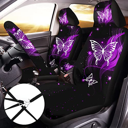 15 Pcs Butterfly Car Seat Covers Full Set Butterfly Front Rear Seat Covers Steering Wheel Cover Wrist Strap Coasters Armrest Shoulder Pads (Purple Glitter Butterfly Style)