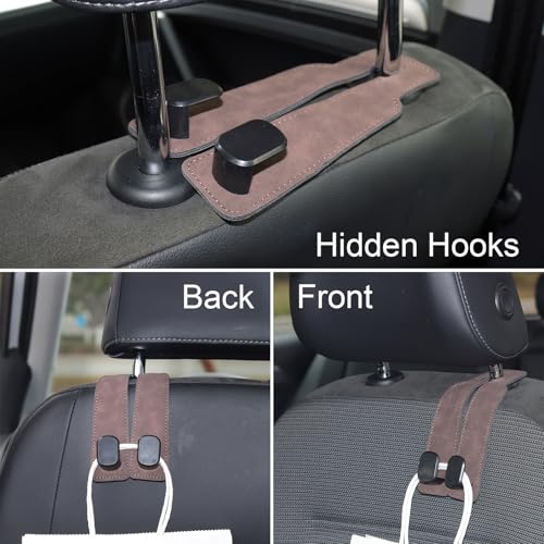 Purse and Bag Hook for Car, Zinc Alloy Seat Headrest Hooks, Upgraded Leather Car Seat Back Purses Hanger and Bags Holder (Brown, 2Pack) - color: Brown