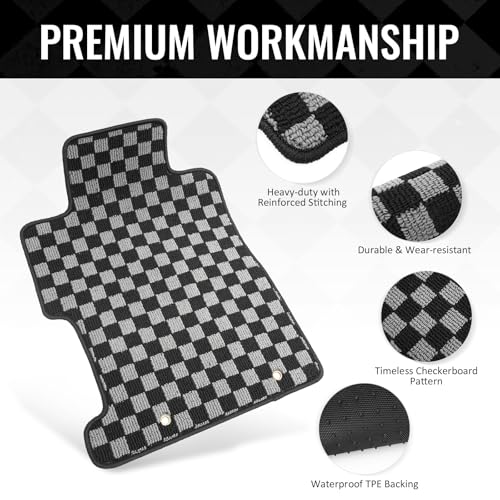 IKON MOTORSPORTS Loop Pile Tufted Car Floor Mats, Compatible with 2006-2011 Honda Civic All Models, Checkered Grey Black Plaid, All Weather Anti-Slip 3PCS Set Car Protector Carpets