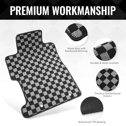 IKON MOTORSPORTS Loop Pile Tufted Car Floor Mats, Compatible with 2006-2011 Honda Civic All Models, Checkered Grey Black Plaid, All Weather Anti-Slip 3PCS Set Car Protector Carpets
