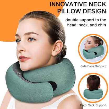 Travel Pillow - Hooded Neck Pillow Airplane Memory Foam Filling for Plane, Office, Cars Sleeping, Road Trip, Long Flights, Airplane Travel Essentials, Includes Eye Mask & Earplugs (Green) - color: Green
