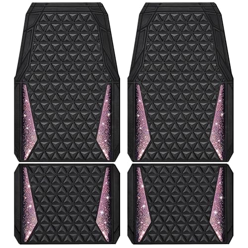 CAR PASS Bling Rubber Car Mats Diamond Floor Mats Full Set Anti-Slip 3D Rhombus Waterproof Universal Trim to Fit Liner Glitter Crystal Sparkly Shining Rhinestone Girl Women SUV Sedan Van, Black Pink - color: Pink Diamond