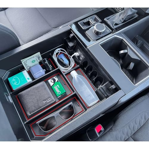 TOPINSTALL Red Full-Size Console Tray Compatible with 2022-2026 Toyota Tundra / 2023-2026 Sequoia Accessories Armrest Storage Box Tray with Anti-Slip Inserts (Not for the Console with Safe) - color: Red