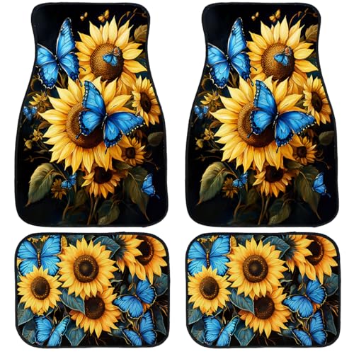 Sunflower Car Floor Mats Set of 4 Butterfly Blue Yellow Bright Color Carpet Front Rear Carpets Mat Non-Slip Auto Car Accessories Universal Fit for Car SUV Truck Van - color: Sunflower