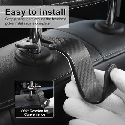 Car Purse Hook, 4 Pack Universal Auto Seat Headrest Hook Hangers Organizer for Coats, Umbrellas, Groceries - Carbon Fiber Black | Universal