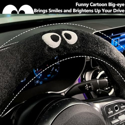 Car Headrest Pillow & Steering Wheel Cover Set with Cute Big-Eyed Furball Travel Neck Support Pillow Fur Car Interior Accessory (Black Ring Cover) - color: Black Ring Cover