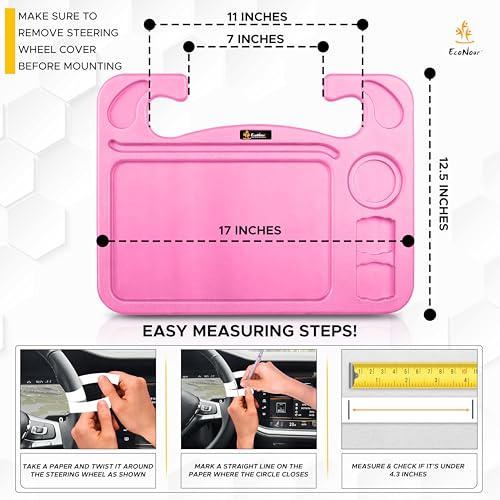 EcoNour 4 in 1 Car Steering Wheel Tray - 2024 Upgraded Pink Tray with Dual Sauce Dip Holder and Tablet Holder | Spacious Steering Wheel Desk for Food and Laptop | Car Accessories (Large) - size: Large-Pink